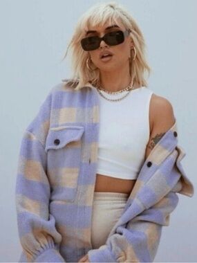 Checked Shacket Jacket in Lavender & Cream